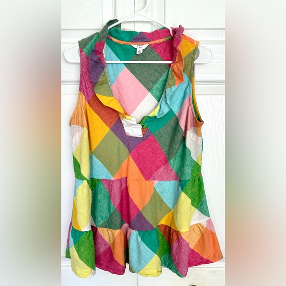 crown & ivy Tops - Crown & Ivy Linen Blend Colorful Patchwork Ruffle Sleeveless Top-Size L